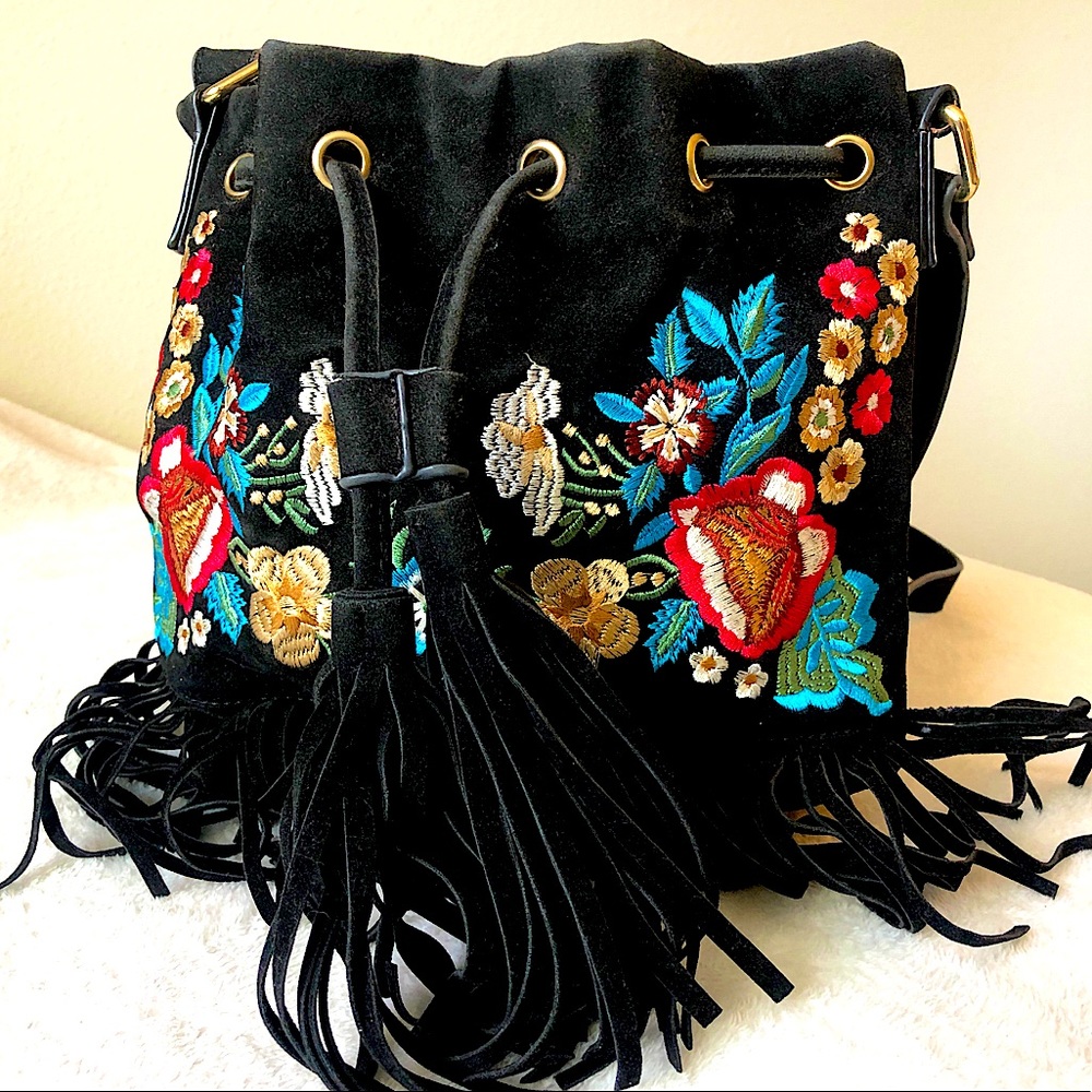 Embroidered Floral Leather Bucket Purse